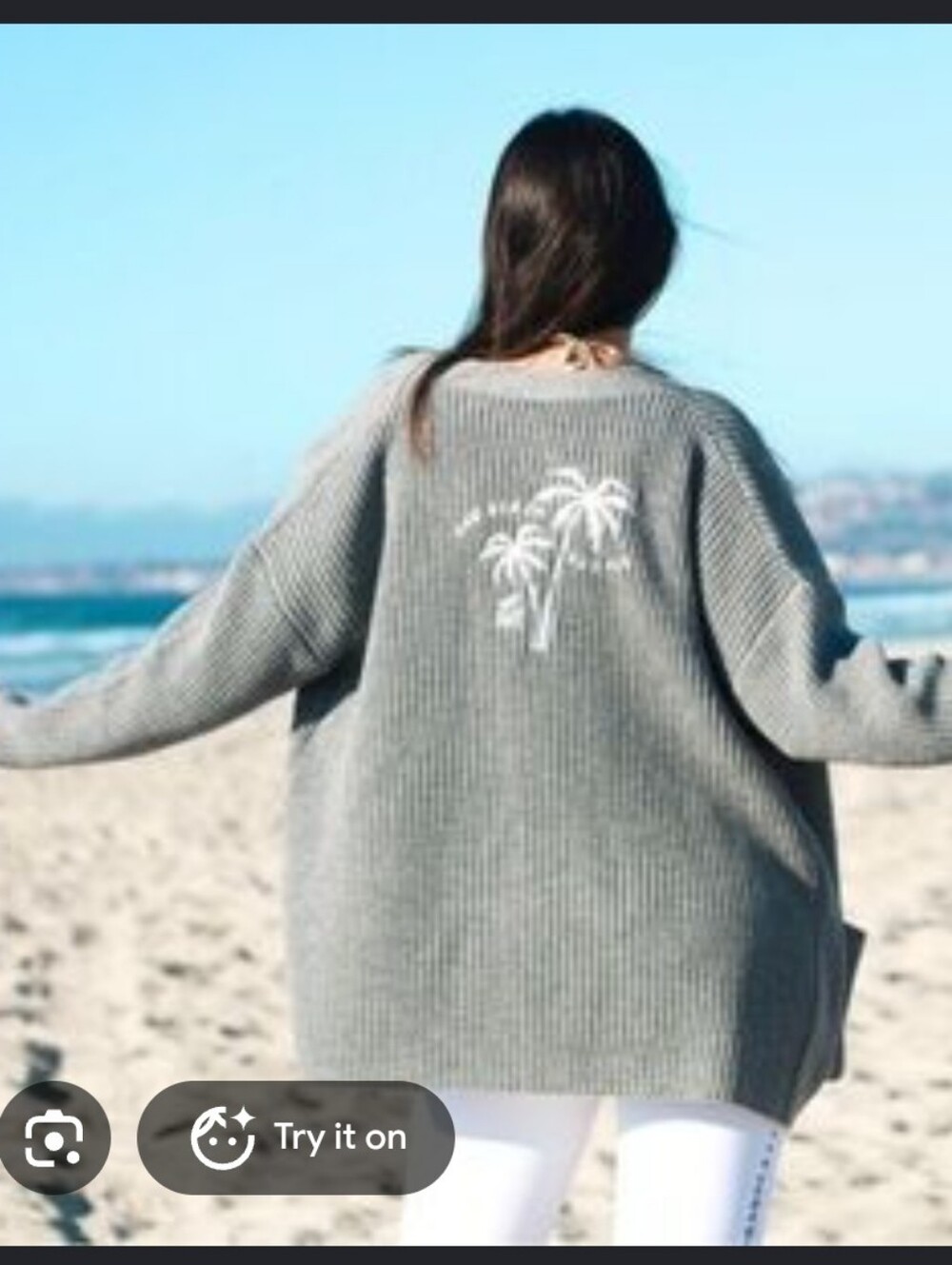 The Beach People Cozy Grey Knit Cardigan with Palm Embroidery
